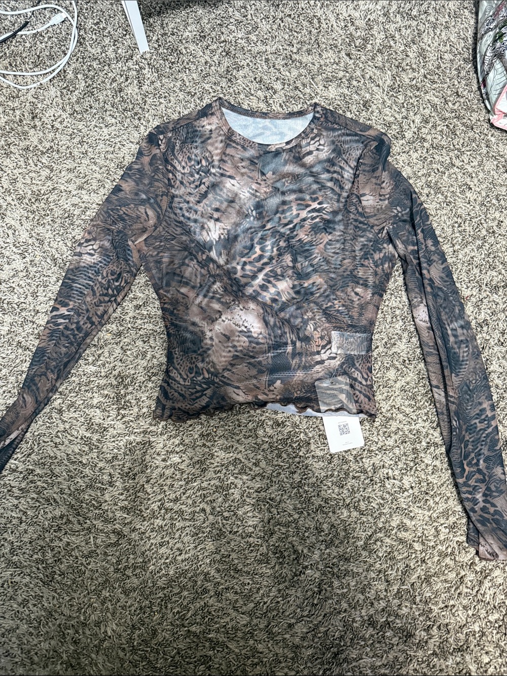Brown Animal-Print Long-Sleeve Mesh Tee